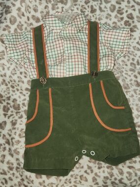 Olive Green Baby Boys Suspender Shorts with Orange Trim